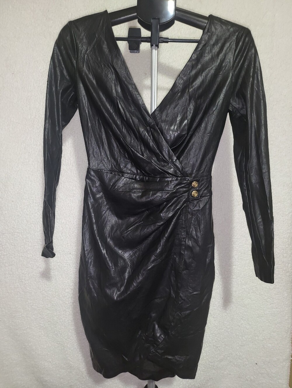 Guess Faux Leather Black Wrap-Front Long Sleeve Dress